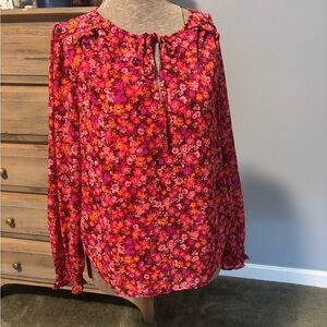 J Crew Floral Vintage Burgundy Pink Tie Front Long Sleeve Top